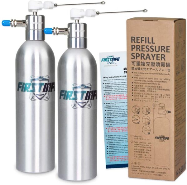 FIRSTINFO Aerosol Refillable Fluid Oil Pressure Storage Sprayer Aluminum Can Pneumatic/Manual Pump with 2 Way Nozzles for Stream and Mist Spraying, Pack of 2