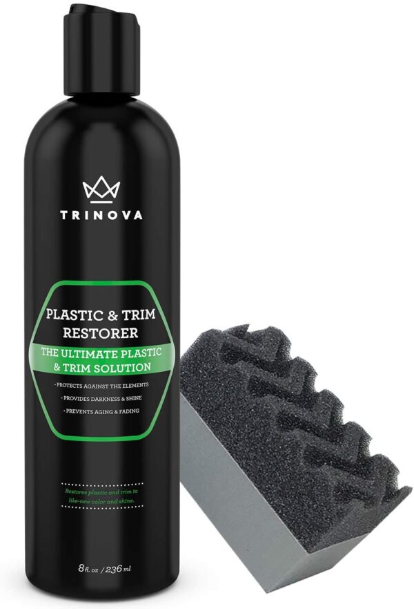 TriNova Plastic & Trim Restorer - Shines & Darkens Worn Out Plastic, Vinyl & Rubber Surfaces - Protects Cars & Motorcycles from Rain, Salt & Dirt - Prevent Fading - 8 OZ