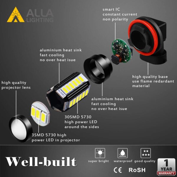 Alla Lighting H11 LED Fog Light Bulbs DRL 2800 Lumens Xtreme Super Bright 5730 33-SMD 12V H8 H16 H11 LED Bulbs Replacement for Cars, Trucks, 6000K Xenon White