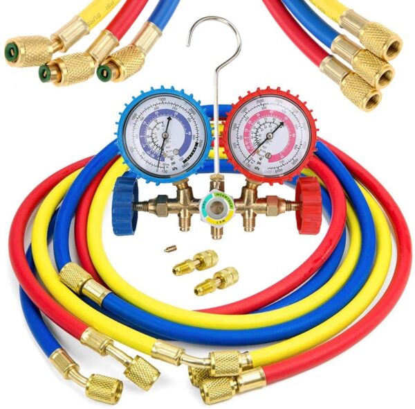 LIYYOO Air Conditioning Refrigerant Charging Hoses with Diagnostic Manifold Gauge Set for R410A R22 R404 Refrigerant Charging,1/4" Thread Hose Set 60" Red/Yellow/Blue (3pcs) with 2 Quick Coupler