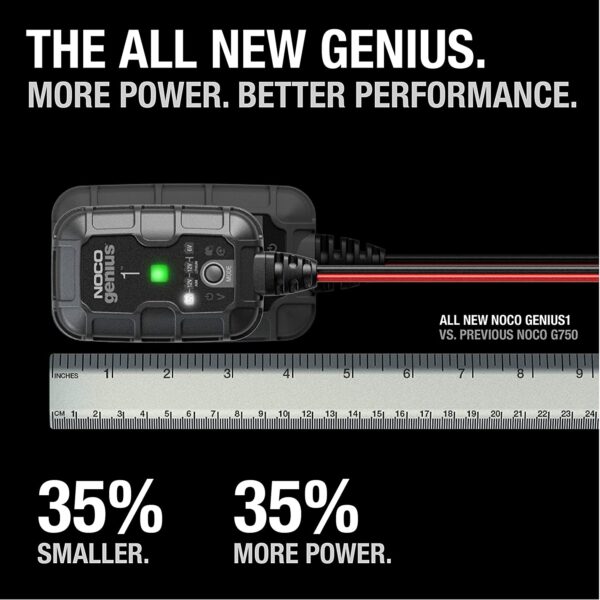 NOCO GENIUS1, 1-Amp Fully-Automatic Smart Charger, 6V And 12V Battery Charger, Battery Maintainer, Trickle Charger, And Battery Desulfator With Temperature Compensation
